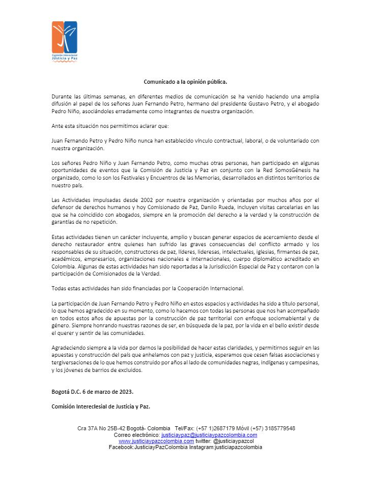 Comunicado de la Comisión Intereclesial de Justicia y Paz.