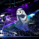 La mascota La'eeb en la ceremonia de apertura antes del partido de fútbol del grupo A de la Copa Mundial entre Qatar y Ecuador en el estadio Al Bayt en Al Khor, el domingo 20 de noviembre de 2022.