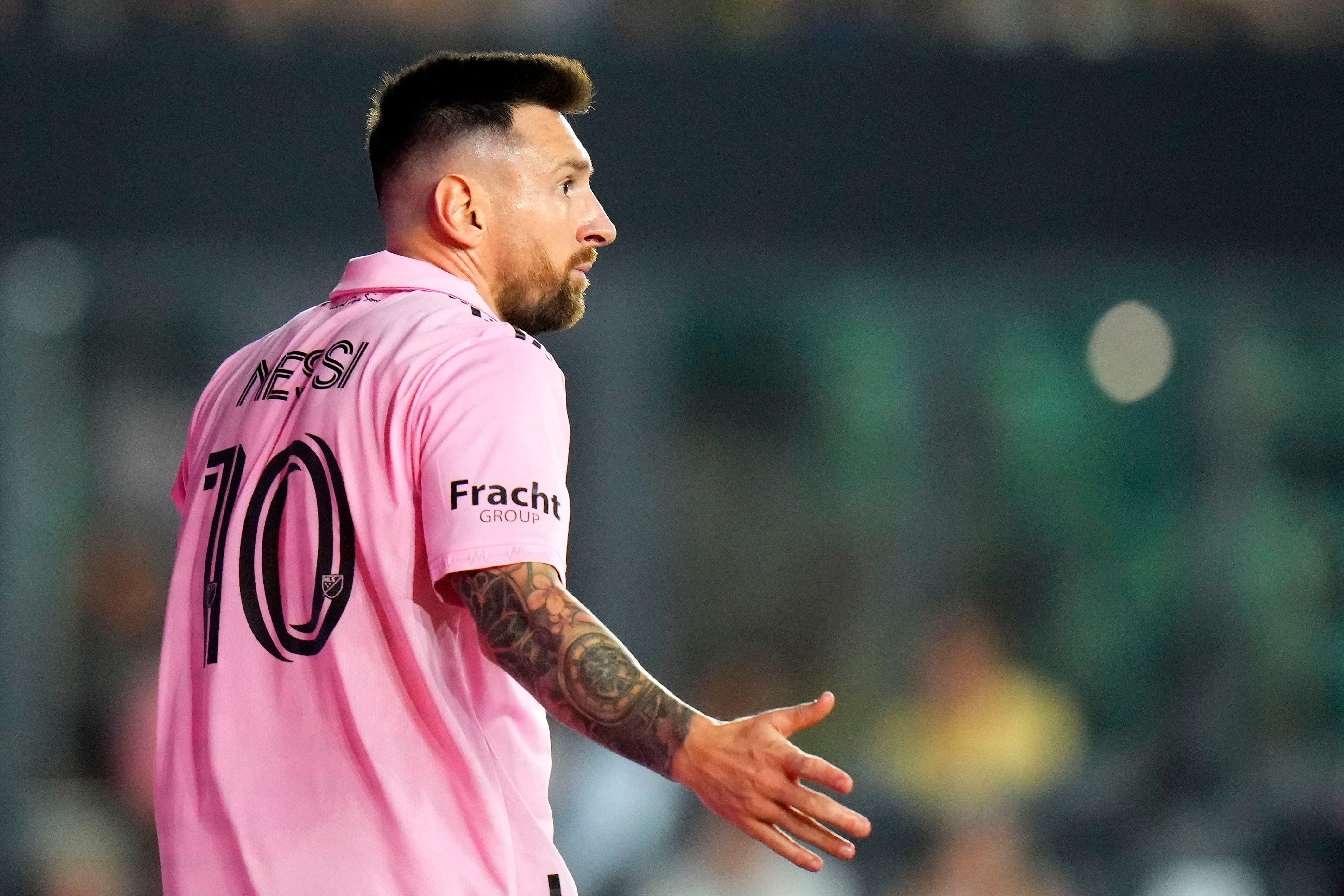Aug 30, 2023; Fort Lauderdale, Florida, USA; Inter Miami forward Lionel Messi (10) reacts during the first half against  Nashville SC at DRV PNK Stadium. Mandatory Credit: Rich Storry-USA TODAY Sports