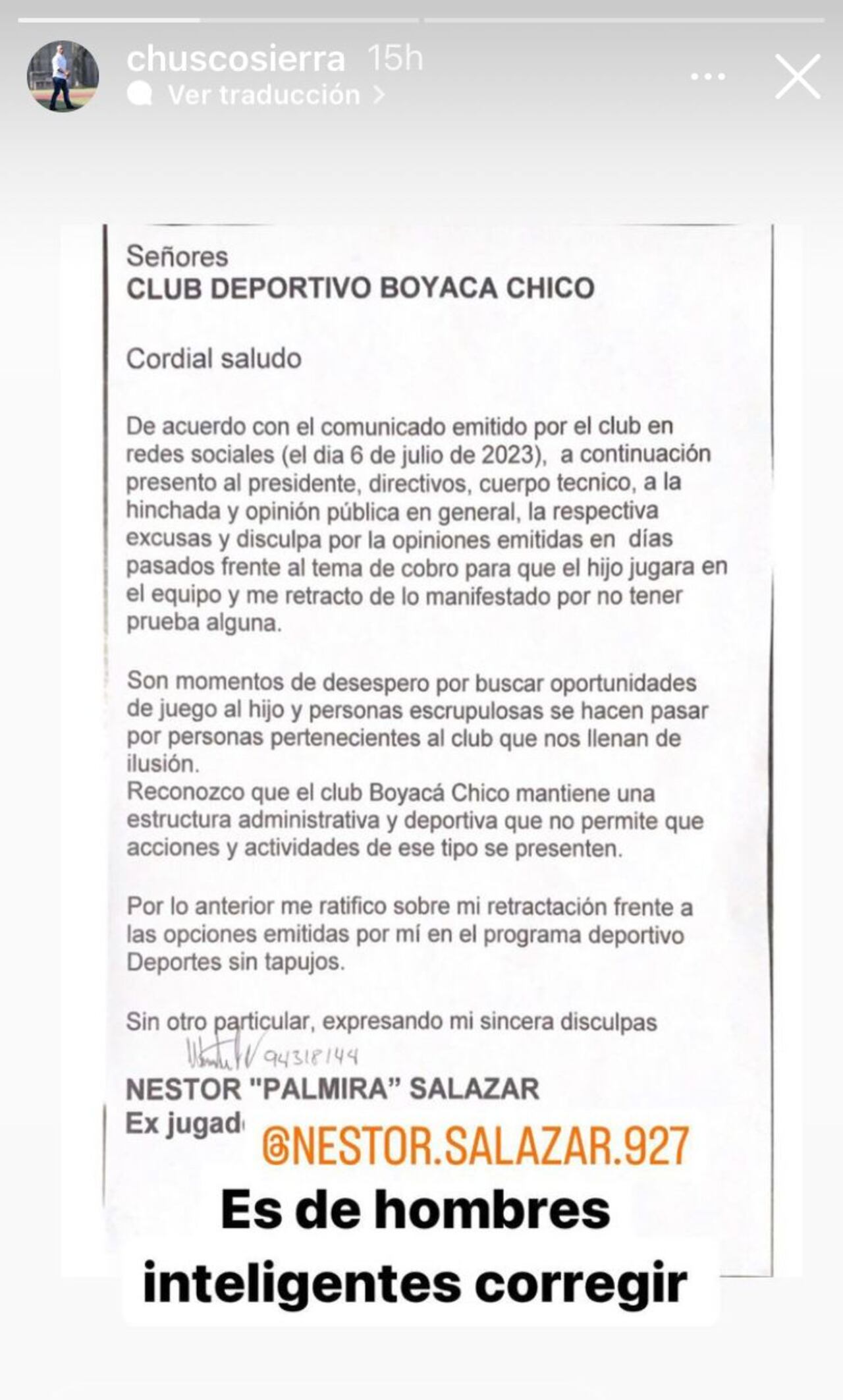 Comunicado de Néstor Salazar.