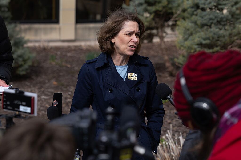 MADISON, WISCONSIN - APRIL 01: Dane County Circuit Court Judge Susan Crawford, candidate for the Wisconsin Supreme Court, speaks to the press after voting on April 1, 2025 in Madison, Wisconsin. The former prosecutor is running against Judge Brad Schimel, who has been endorsed by President Donald Trump and financially supported by billionaire businessman Elon Musk. (Photo by Scott Olson/Getty Images)
