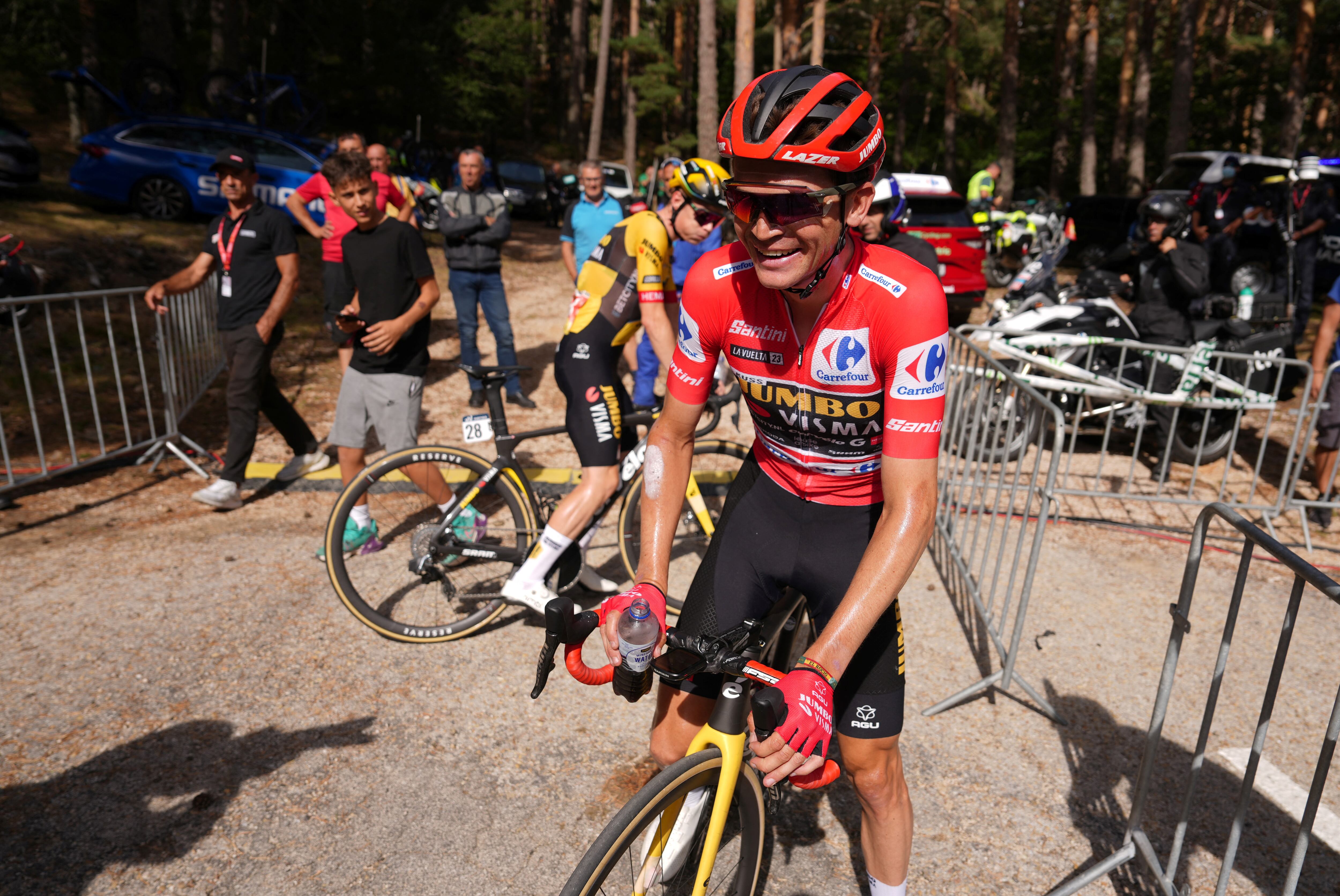 Team Jumbo-Visma's US rider Sepp Kuss reacts after the stage 11 of the 2023 La Vuelta cycling tour of Spain, a 163,5 km race from Lerma to Laguna Negra in Vinuesa, on September 6, 2023. (Photo by CESAR MANSO / AFP)