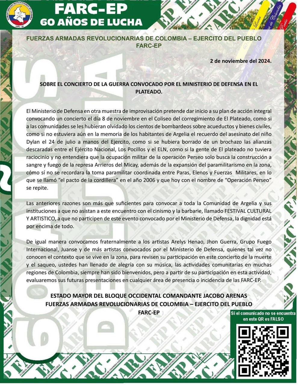 Las disidencias de las Farc en Argelia, Cauca, se pronunciaron sobre el evento que planea organizar el Ministerio de Defensa en El Plateado.