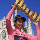 (FILES) In this file photo taken on May 30, 2021, Team Ineos rider Colombia's Egan Bernal celebrates with the race's Trofeo Senza Fine (Endless Trophy) on the podium after winning the Giro d'Italia 2021 cycling race following the 21st and last stage in Milan, Italy. Former Tour de France winner Egan Bernal was "conscious" and "stable" in hospital following a training accident near his home town in Colombia, his cycling team Ineos Grenadiers said on Monday January 24, 2022.
Luca Bettini / AFP