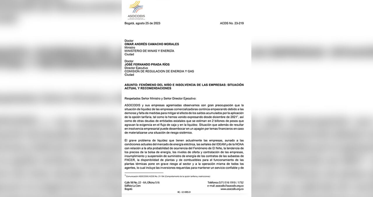 Esta es la carta de Asocodis que advierte sobre la crisis financiera de las distribuidoras y comercializadoras que podría llevar a un riesgo sistémico y a un posible apagón.
