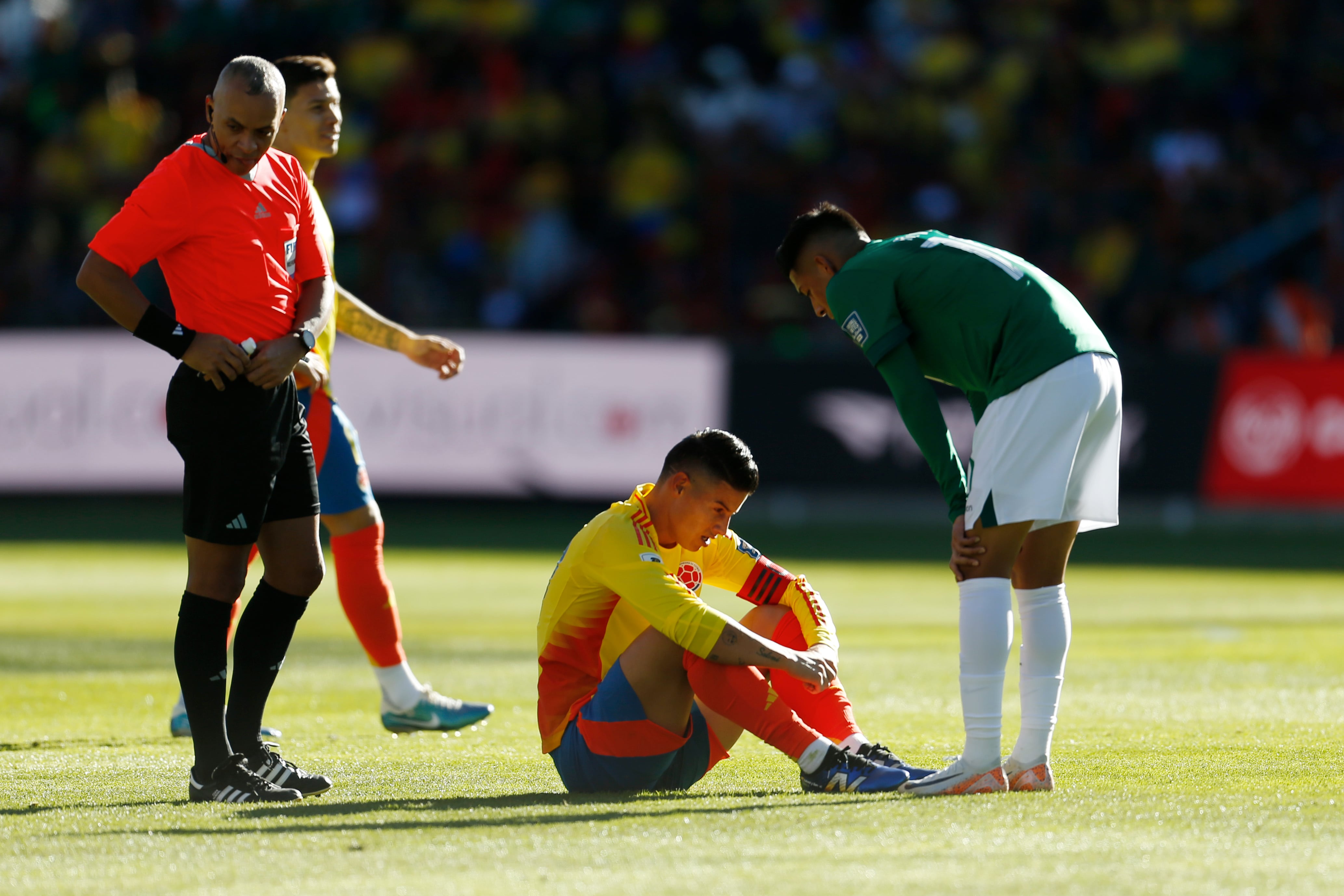 EL ALTO, BOLIVIA - OCTOBER 10: James Rodriguez of Colombia reacts after being fouled during the FIFA World Cup 2026 South American Qualifier match between Bolivia and Colombia at Estadio Municipal de El Alto on October 10, 2024 in El Alto, Bolivia. (Photo by Gaston Brito Miserocchi/Getty Images)