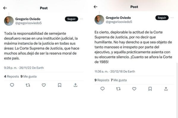 Publicaciones hechas en X por Gregorio Oviedo, pareja de la candidata a fiscal Amelia Pérez.