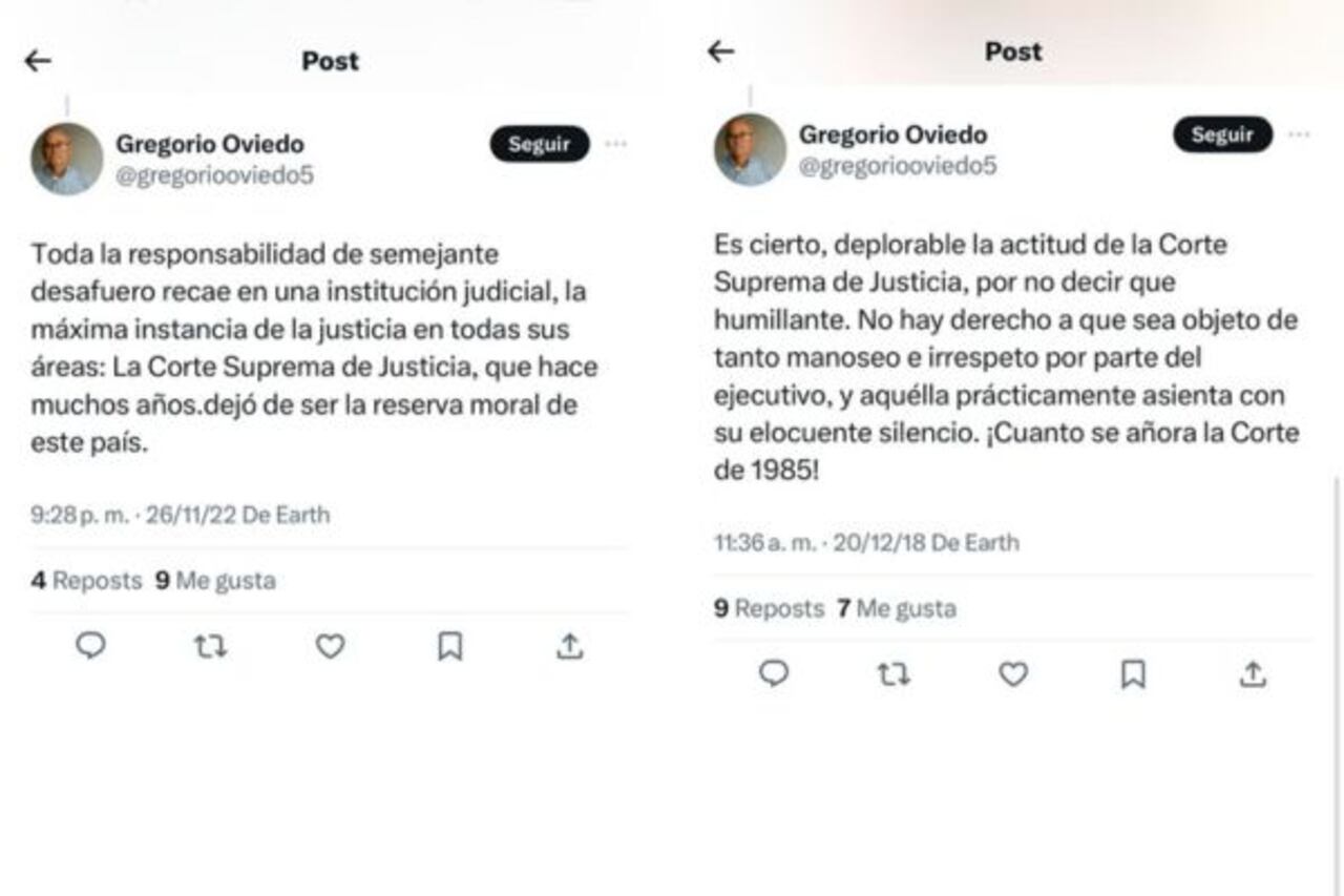 Publicaciones hechas en X por Gregorio Oviedo, pareja de la candidata a fiscal Amelia Pérez.