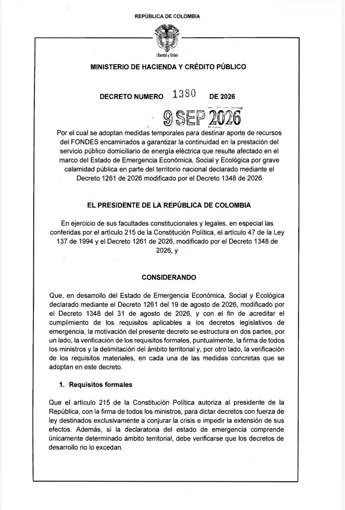 Decreto formado por el presidente De La Espriella