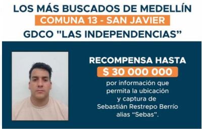 Sebastián Restrepo Berrío, alias 'Sebas', el presunto delincuente más buscado de la comuna 13 de Medellín.