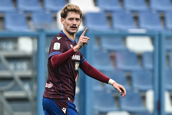 REGGIO NELL'EMILIA, ITALY - FEBRUARY 22: REGGIO NELL'EMILIA, ITALY - FEBRUARY 22: Joaquin Sosa of AC Reggiana reac during the Serie B match between AC Reggiana and Carrarese Calcio at Mapei Stadium on February 22, 2025 in Reggio nell'Emilia, Italy. (Photo by Image Photo Agency/Getty Images)