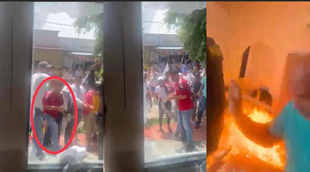 El sujeto de rojo en un video aparece tratando de lanzar en repetidas ocasiones los que serían fósforos encendidas para iniciar el incendio en la sede de la Registraduría en Sucre.