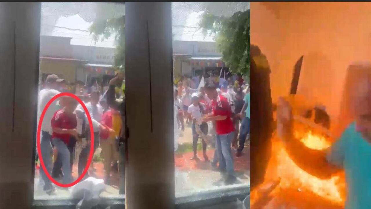El sujeto de rojo en un video aparece tratando de lanzar en repetidas ocasiones lo que serían fósforos encendidos para iniciar el incendio en la sede de la Registraduría, Gamarra, Cesar.
