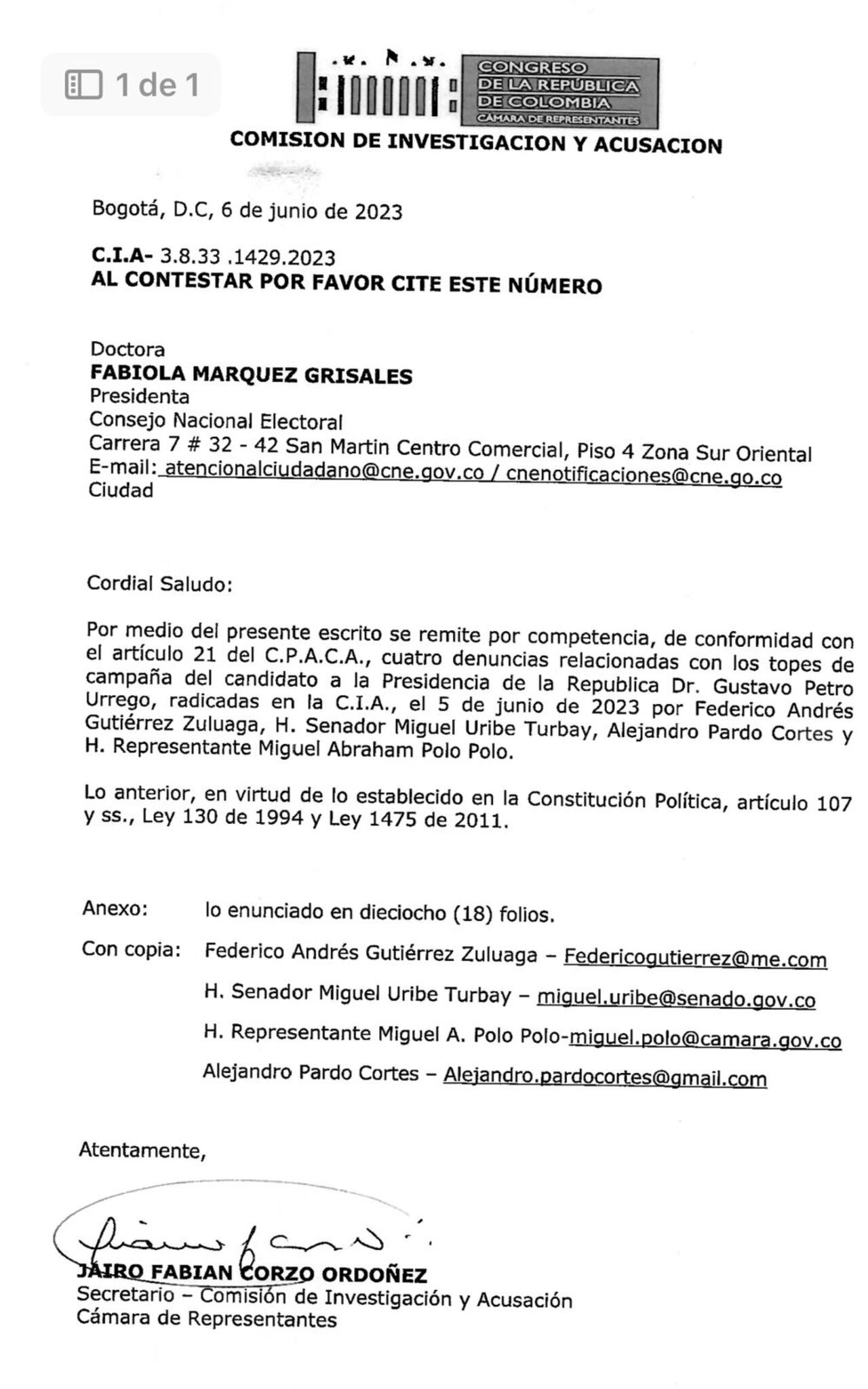 Esta es una de las cartas que envió la Comisión de Acusación al CNE.