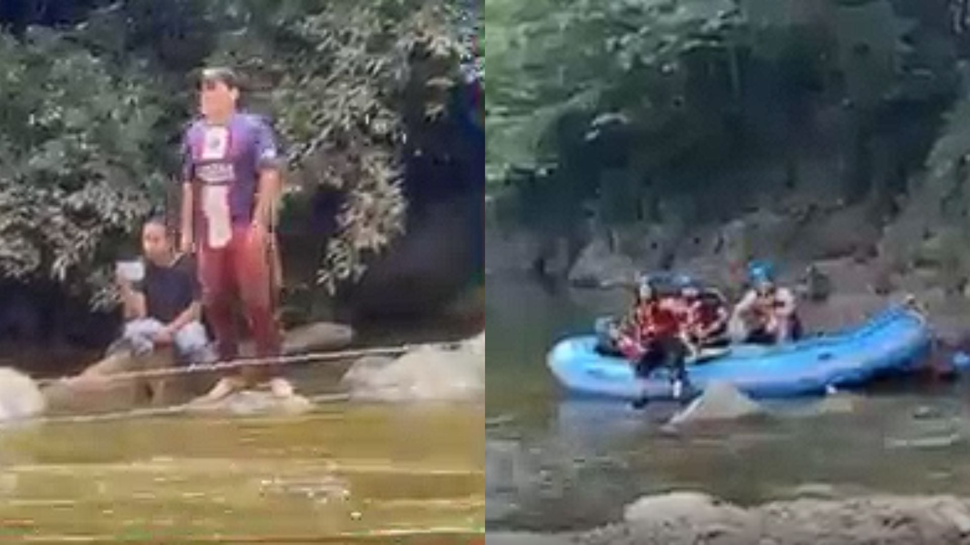 Imagen de persona impidiendo el paso en el rio Samaná, Antioquia, a un grupo de jóvenes que practicaban rafting