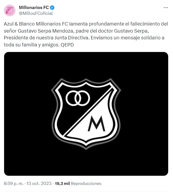El club embajador confirmó la muerte de Gustavo Serpa, padre del presidente de la institución bogotana.