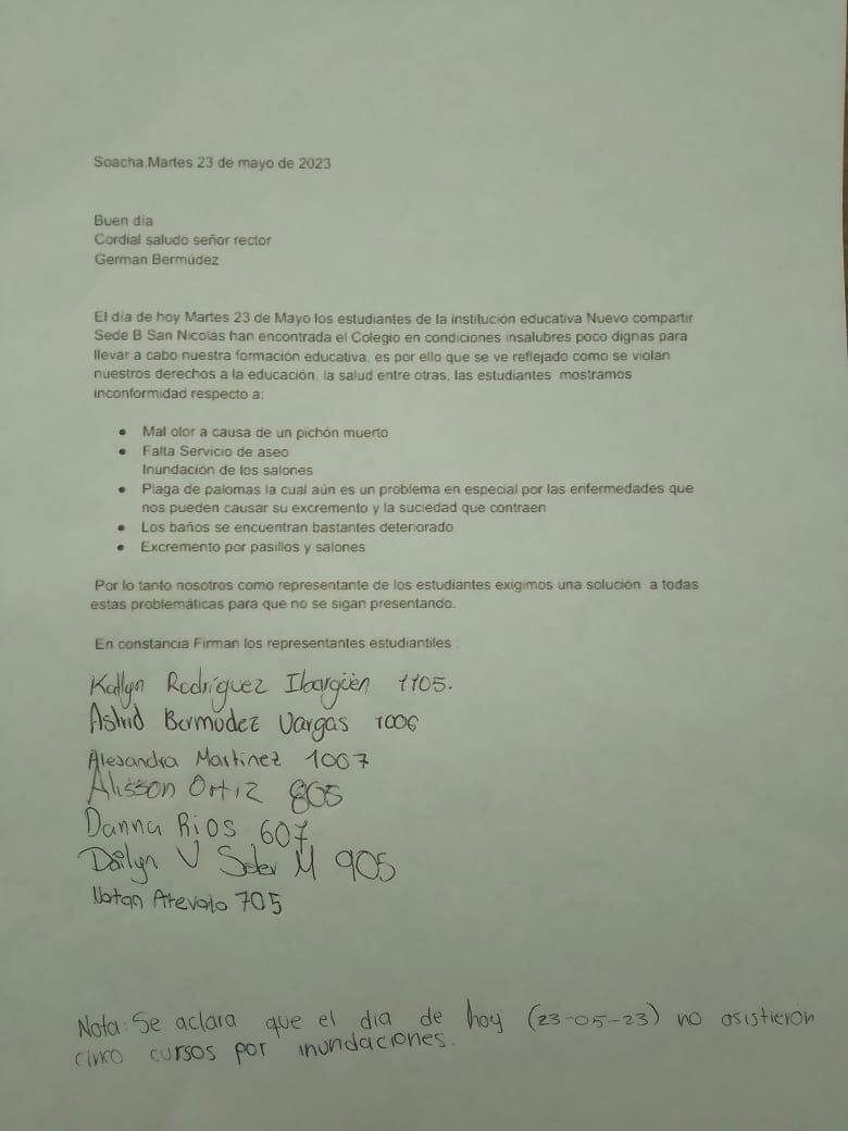 Carta de los representantes estudiantiles.