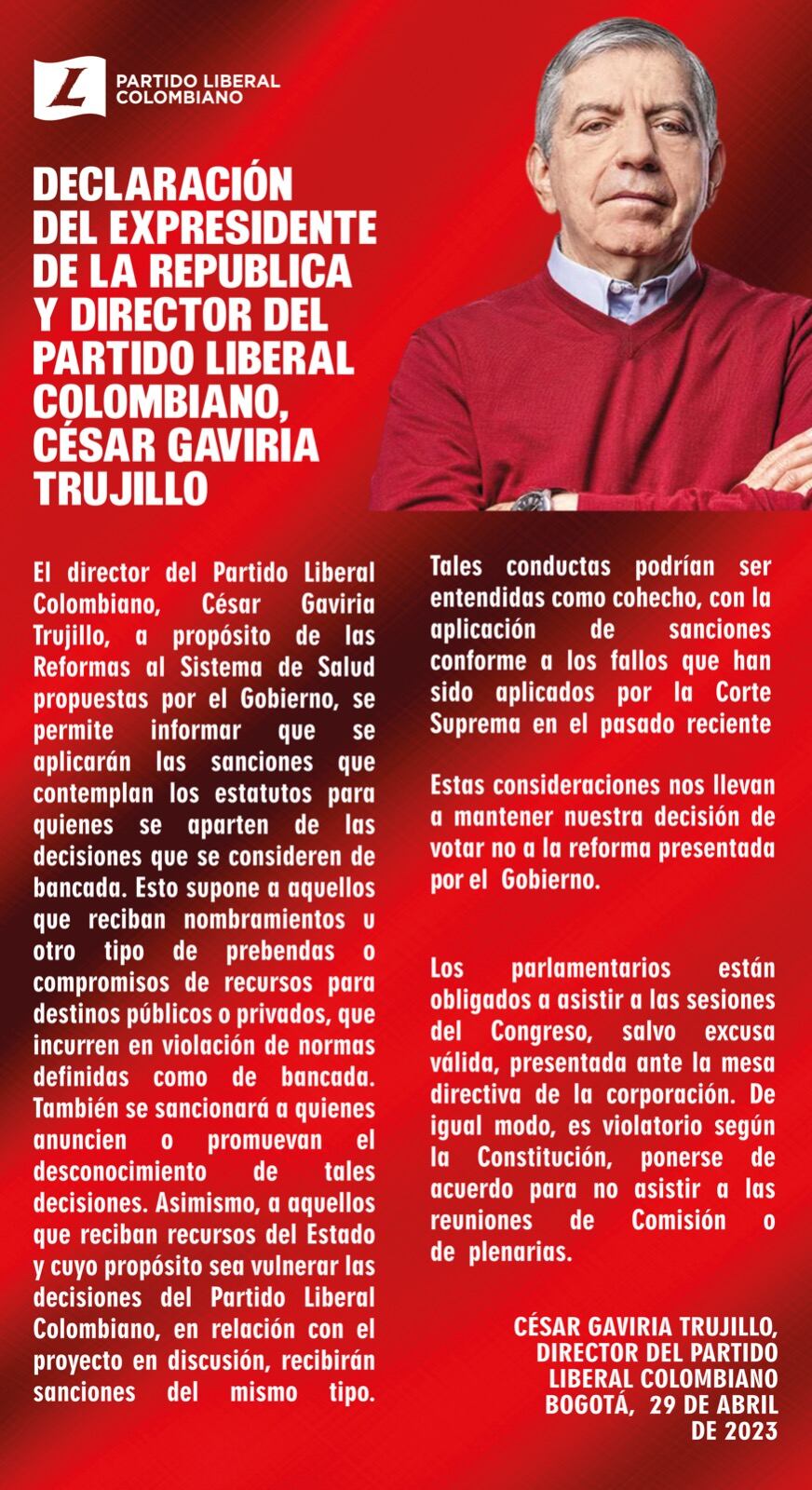 Comunicado del expresidente César Gaviria.