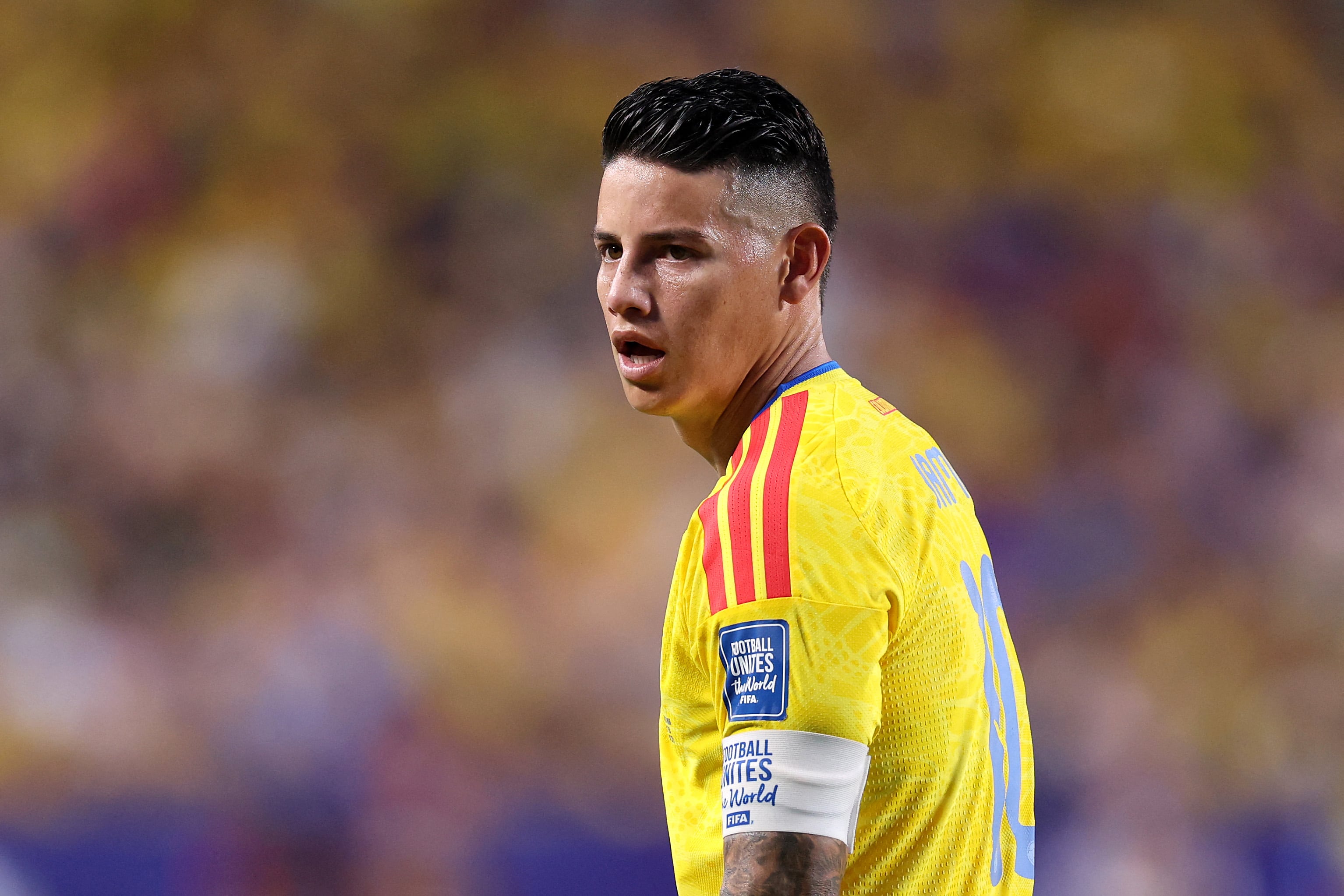 KANSAS CITY, MISSOURI - JULY 03: James Rodriguez #10 of Colombia looks on during the FIFA World Cup 2026 Round Of 32 match between Colombia and Ghana at Kansas City Stadium on July 03, 2026 in Kansas City, Missouri.   Luke Hales/Getty Images/AFP (Photo by Luke Hales / GETTY IMAGES NORTH AMERICA / Getty Images via AFP)