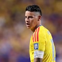 KANSAS CITY, MISSOURI - JULY 03: James Rodriguez #10 of Colombia looks on during the FIFA World Cup 2026 Round Of 32 match between Colombia and Ghana at Kansas City Stadium on July 03, 2026 in Kansas City, Missouri. Luke Hales/Getty Images/AFP (Photo by Luke Hales / GETTY IMAGES NORTH AMERICA / Getty Images via AFP)