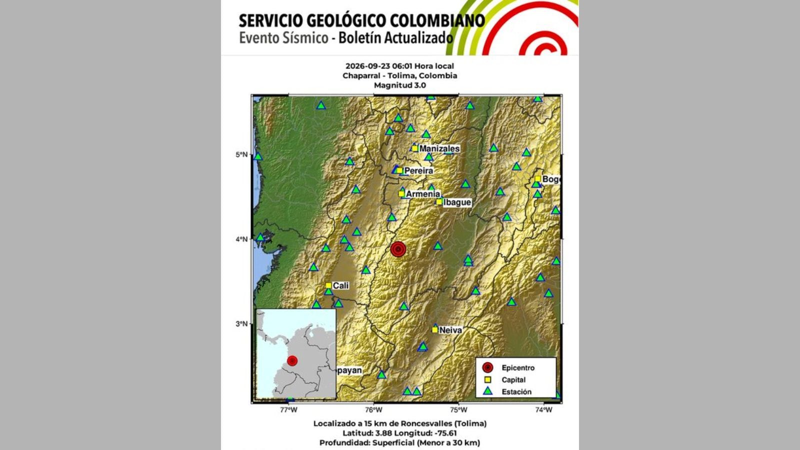El movimiento sísmico fue registrado durante las primeras horas de este miércoles 23 de septiembre en Chaparral, Tolima.