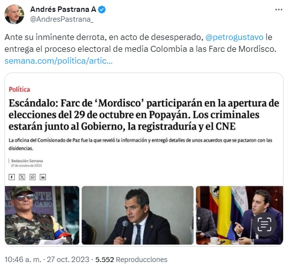 “Ante inminente derrota, Petro le entrega el proceso electoral a Mordisco”, la respuesta de Pastrana a la participación del disidente en elecciones