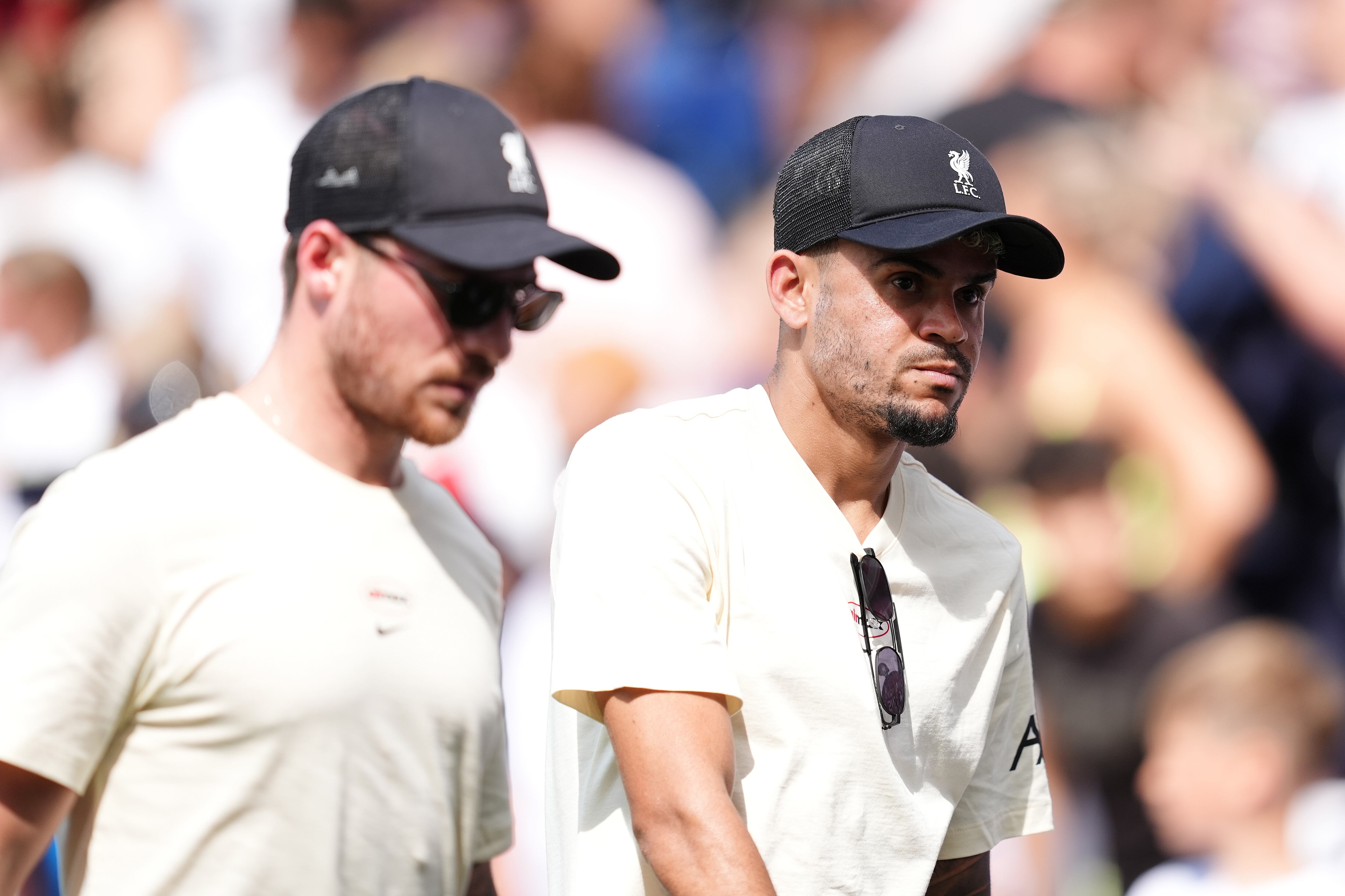 Liverpool's Luis Diaz (right) during the pre-season friendly match at Deepdale Stadium, Preston. Picture date: Sunday July 13, 2025. (Photo by Martin Rickett/PA Images via Getty Images)