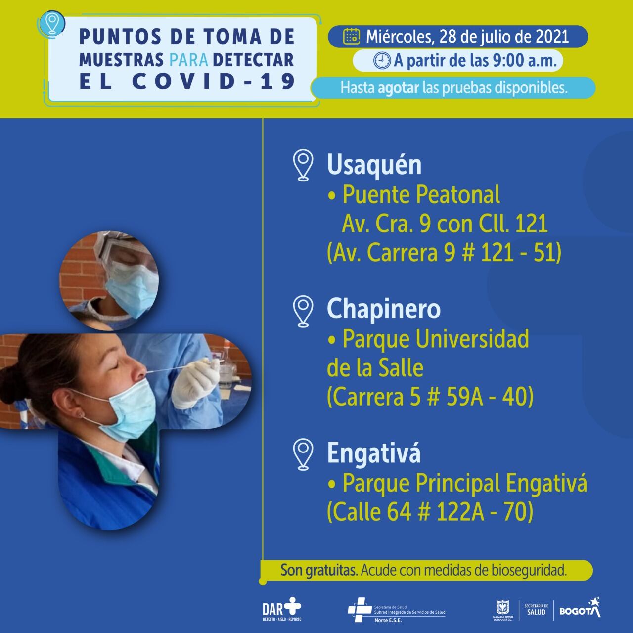 Pruebas gratis de covid 19 para hoy 28 de julio en Bogotá, estos son los puntos de atención