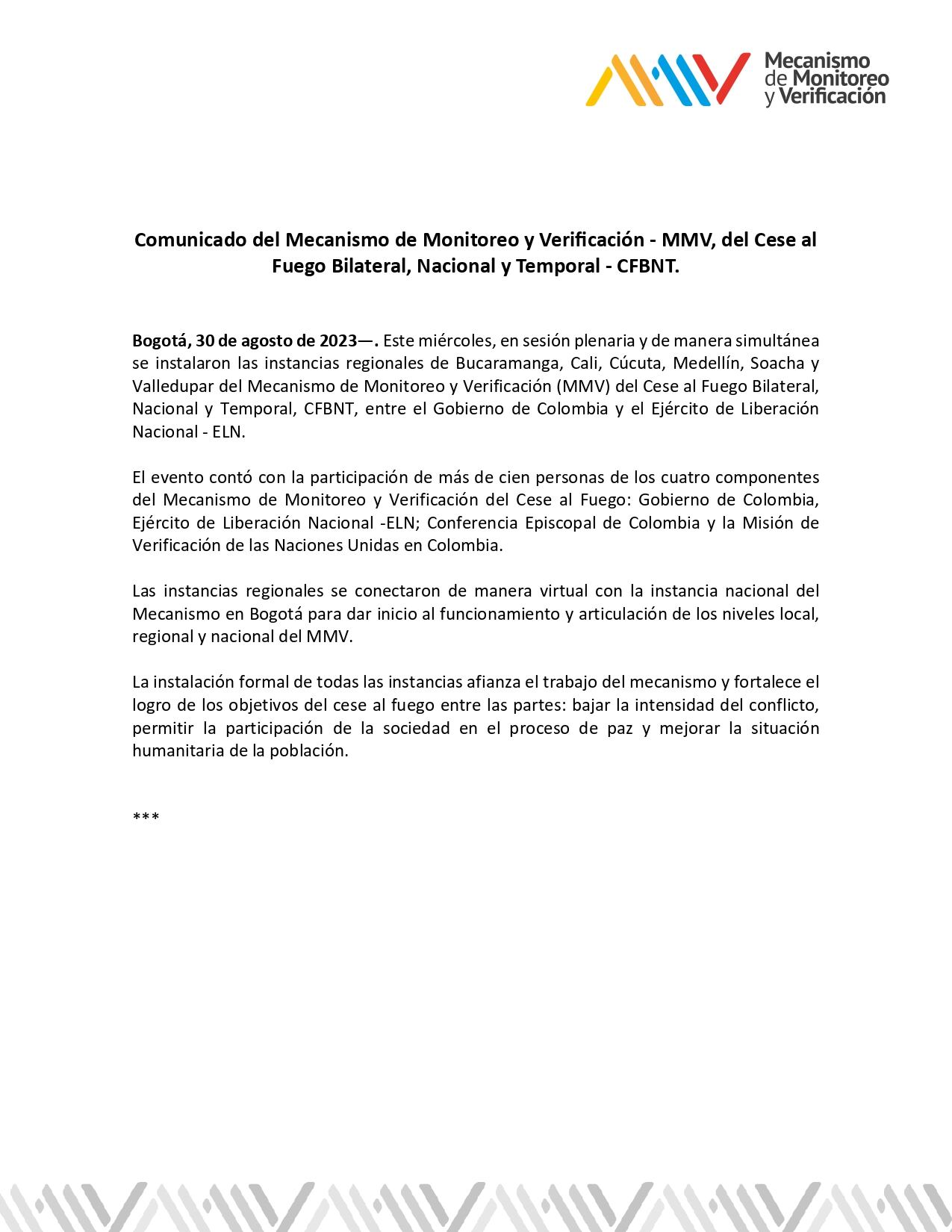 Comunicado del Mecanismo de Monitoreo y Verificación del cese al fuego