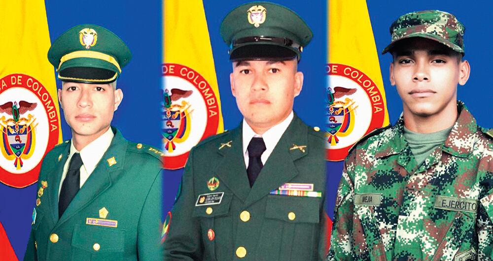 Los tres militares asesinados por el miembro infiltrado de las disidencias de las Farc. De derecha a izquierda, el capitán Juan Pablo Herrera, el sargento Carlos Rojas y el soldado Yoandris Mejía.