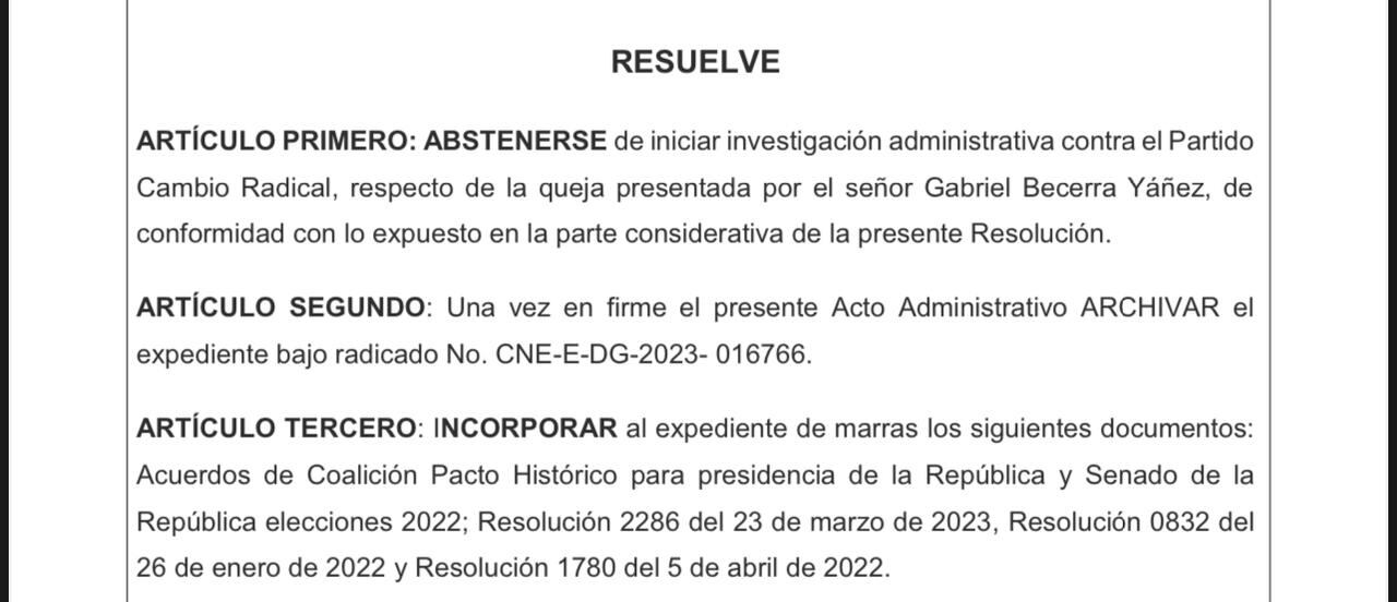 Esta fue la decisión del Consejo Nacional Electoral ante la queja contra Cambio Radical por parte del congresista del Pacto Histórico, Gabriel Becerra.