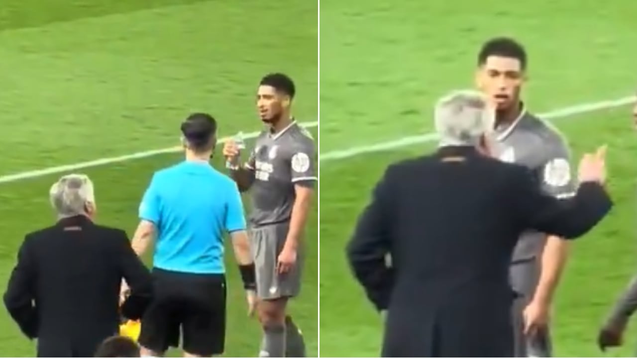 Bellingham parece desaprobar algo que le dice su entrenador en Real Madrid