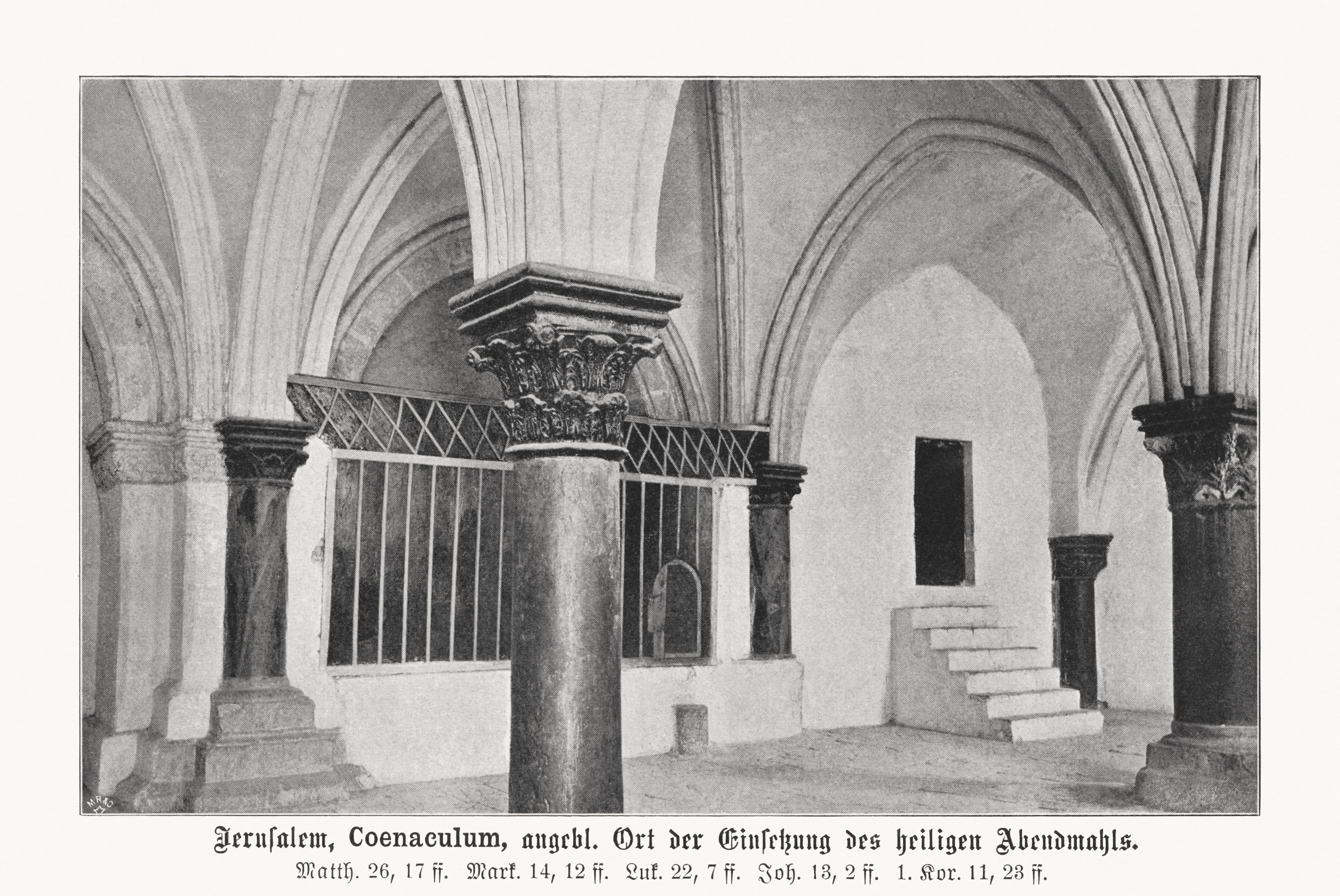 Vista histórica del Cenáculo (del latín cenaculum, "comedor"), también conocido como el Cenáculo, una habitación en el Monte Sión en Jerusalén, justo fuera de las murallas de la Ciudad Vieja, tradicionalmente considerada el lugar de la Última Cena. la comida final que, según los relatos evangélicos, Jesús celebró con los apóstoles. Impresión en semitonos basada en una fotografía, publicada en 1899.