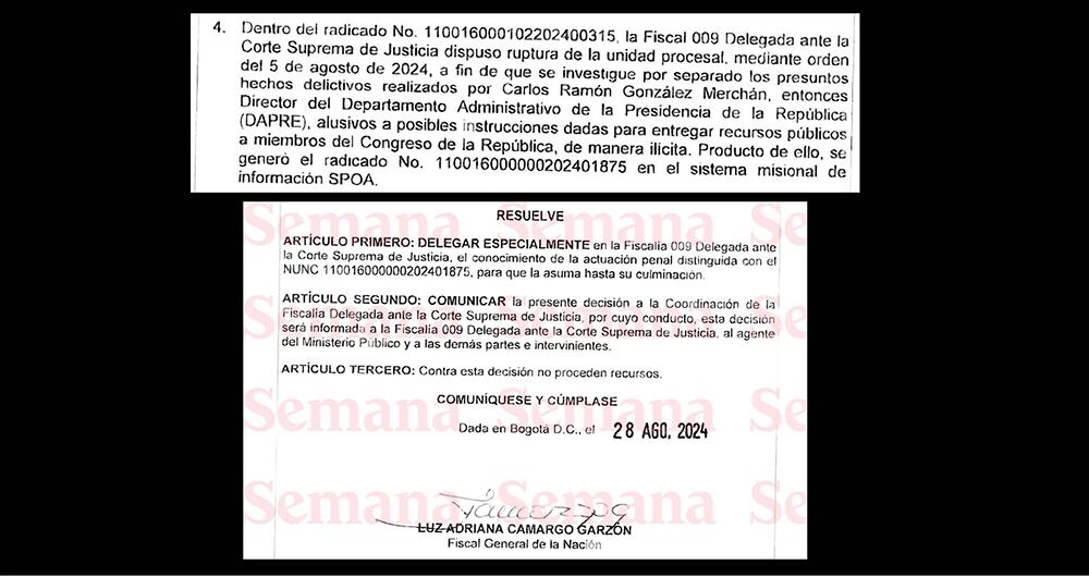   Con la firma de la fiscal Luz Adriana Camargo se hizo una ruptura procesal para que se investiguen los posibles hechos delictivos de Carlos Ramón González.