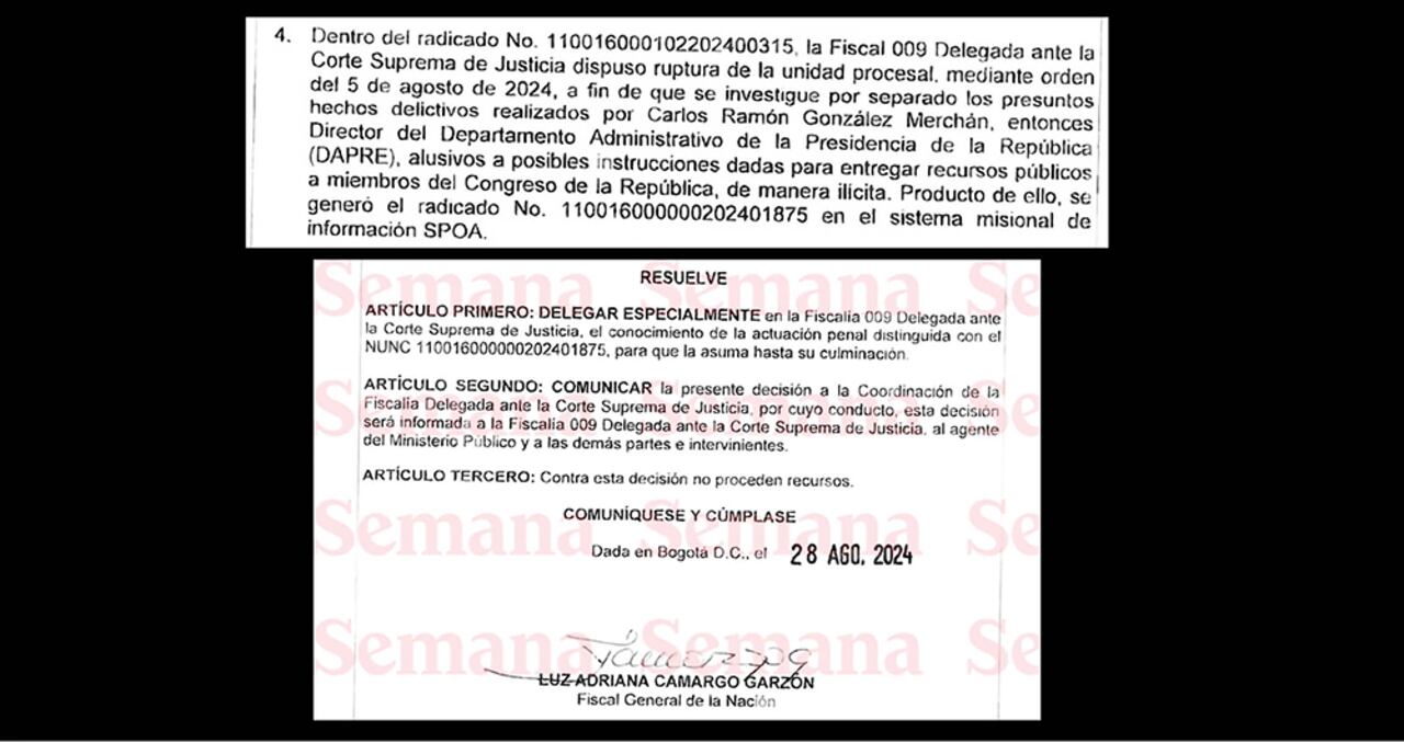 Con la firma de la fiscal Luz Adriana Camargo se hizo una ruptura procesal para que se investiguen los posibles hechos delictivos de Carlos Ramón González.