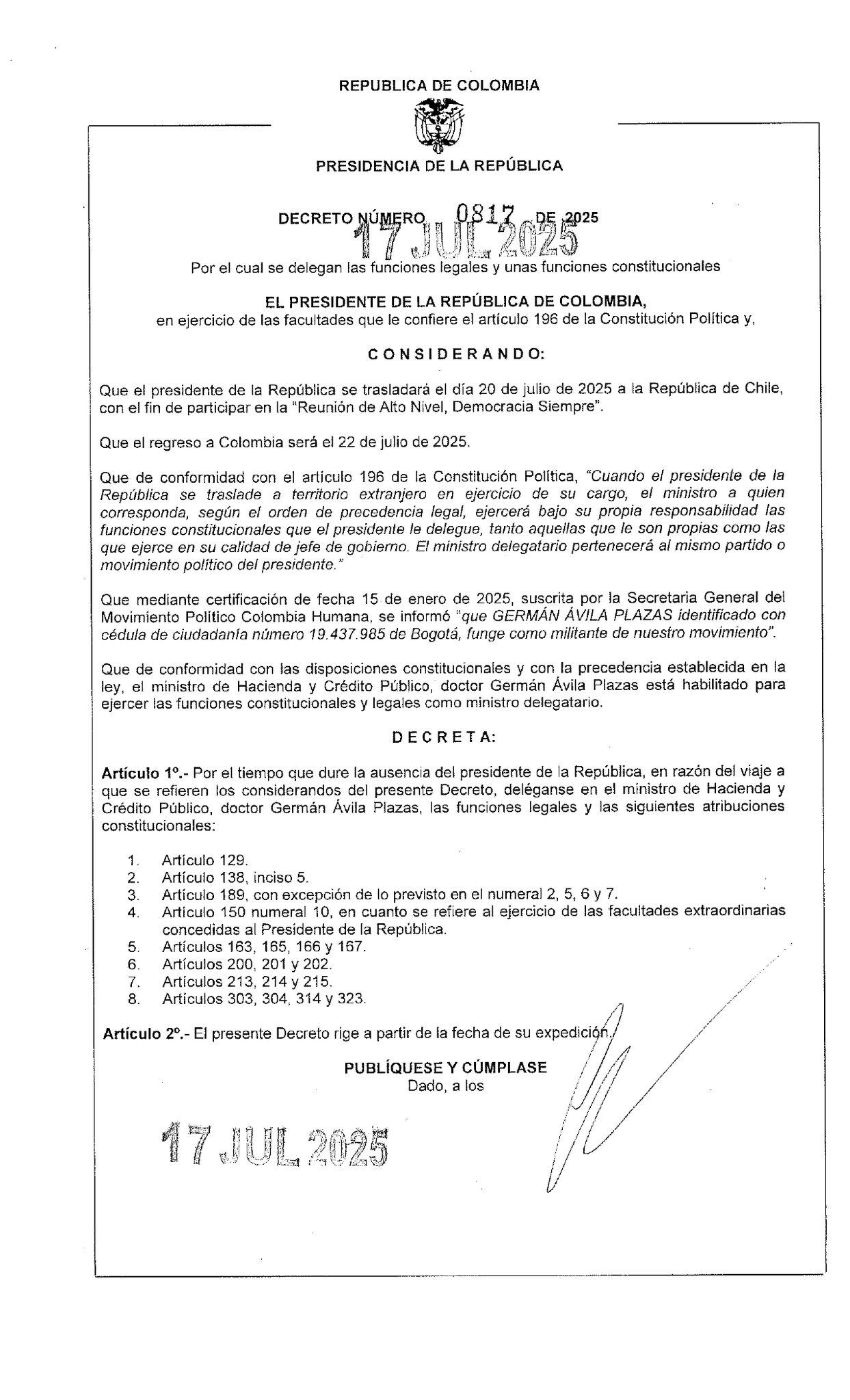 Decreto Gustavo Petro viaje a Chile