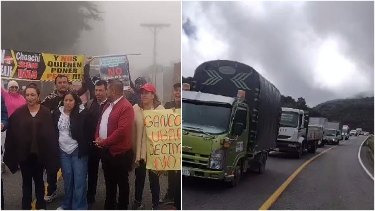 Manifestantes bloquean la vía Choachí-Bogotá.