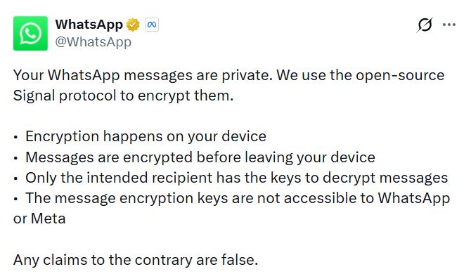 Un mensaje oficial de WhatsApp defendió la privacidad de las conversaciones personales.