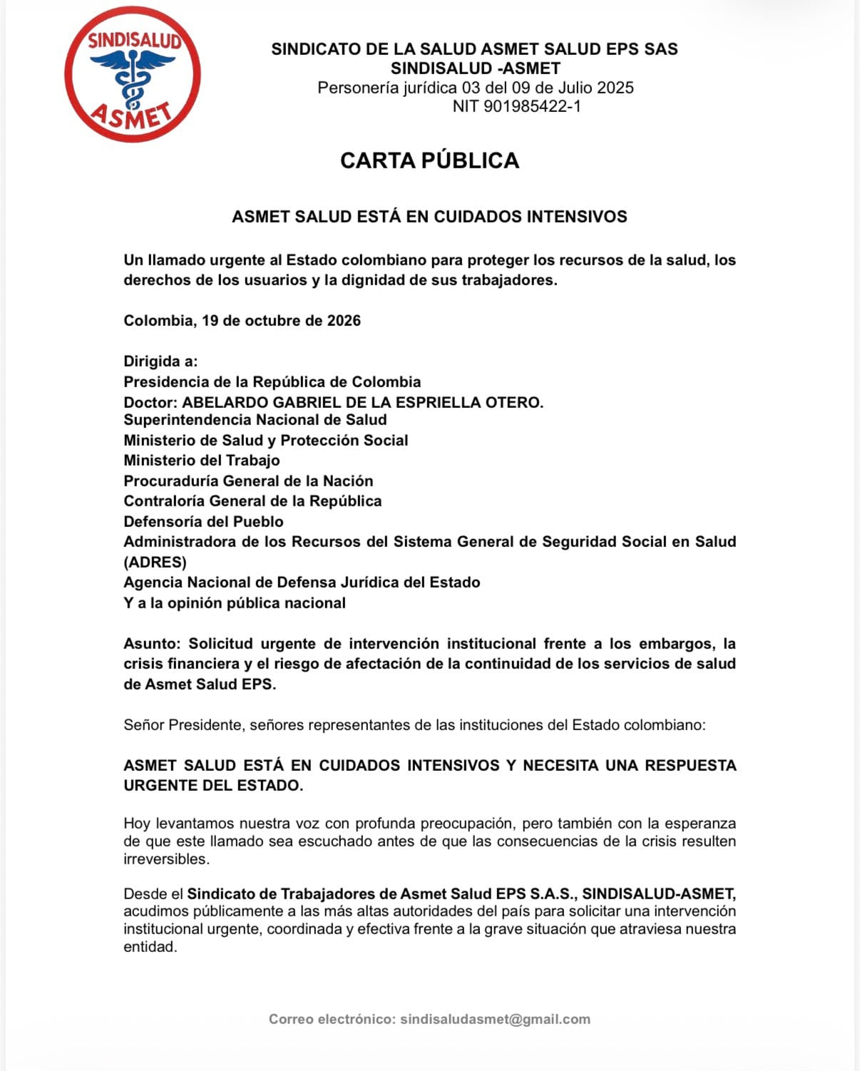 Carta de el Sindicato de Trabajadores de Asmet Salud EPS.