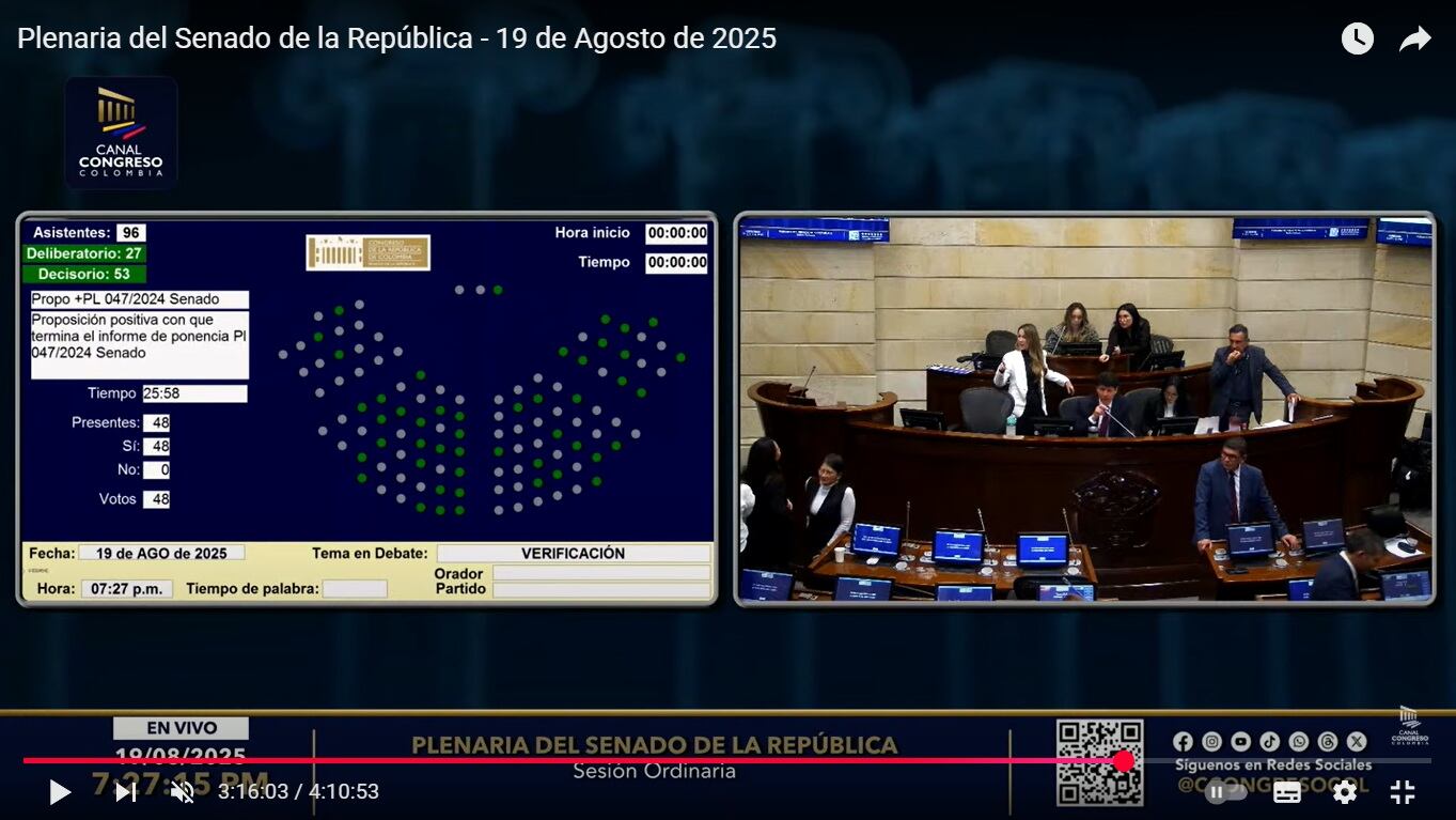 La senadora Ana María Castañeda está en la Mesa Directiva del Senado. En la imagen se aprecia su voto durante la plenaria del 19 de agosto.
