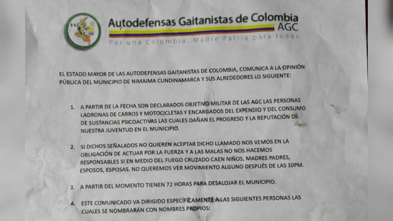 Las AGC distribuyen panfletos amenazantes en contra de habitantes de Nimaima