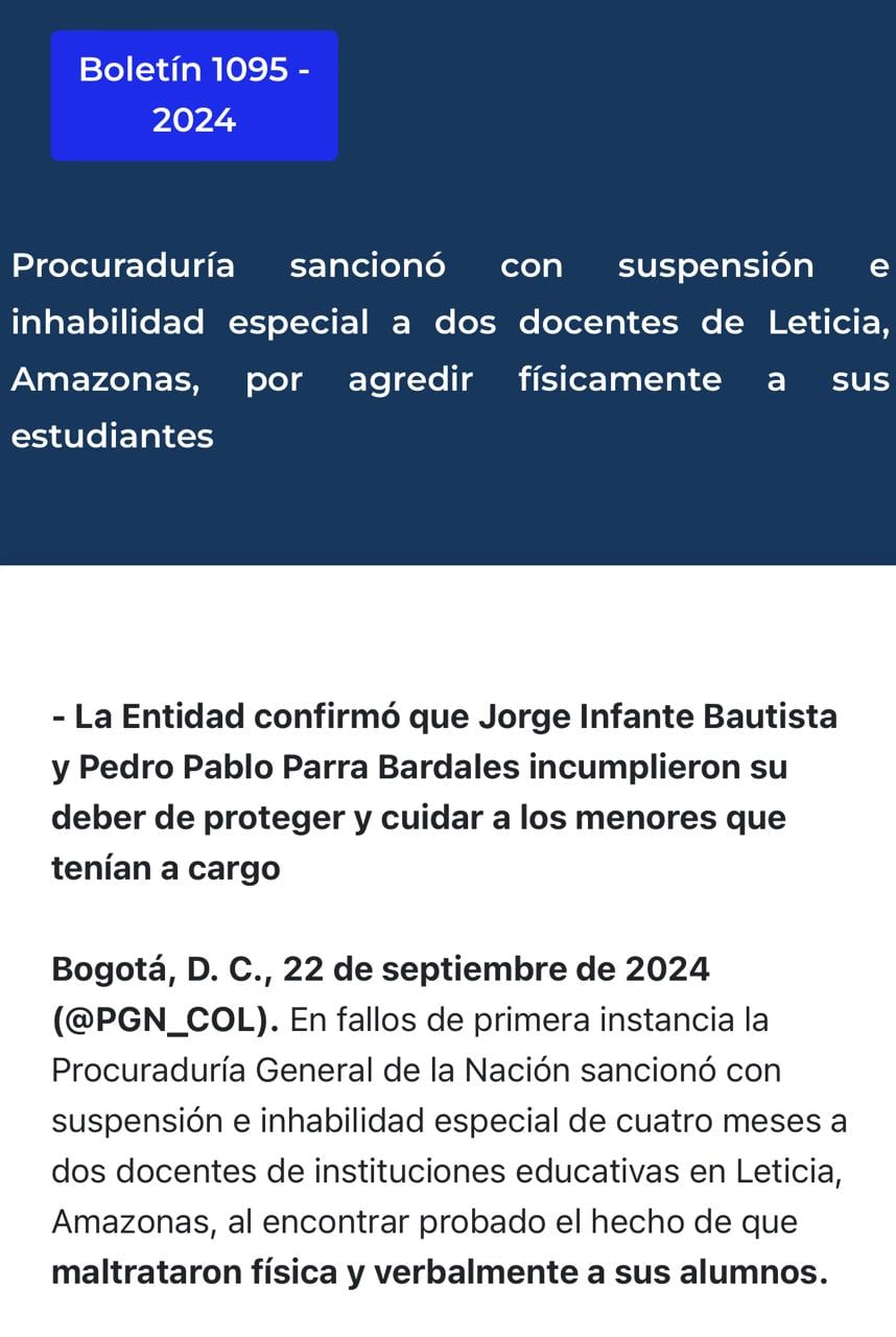 La Procuraduría confirmó sanción contra profesores en el Amazonas por maltratar a sus alumnos.