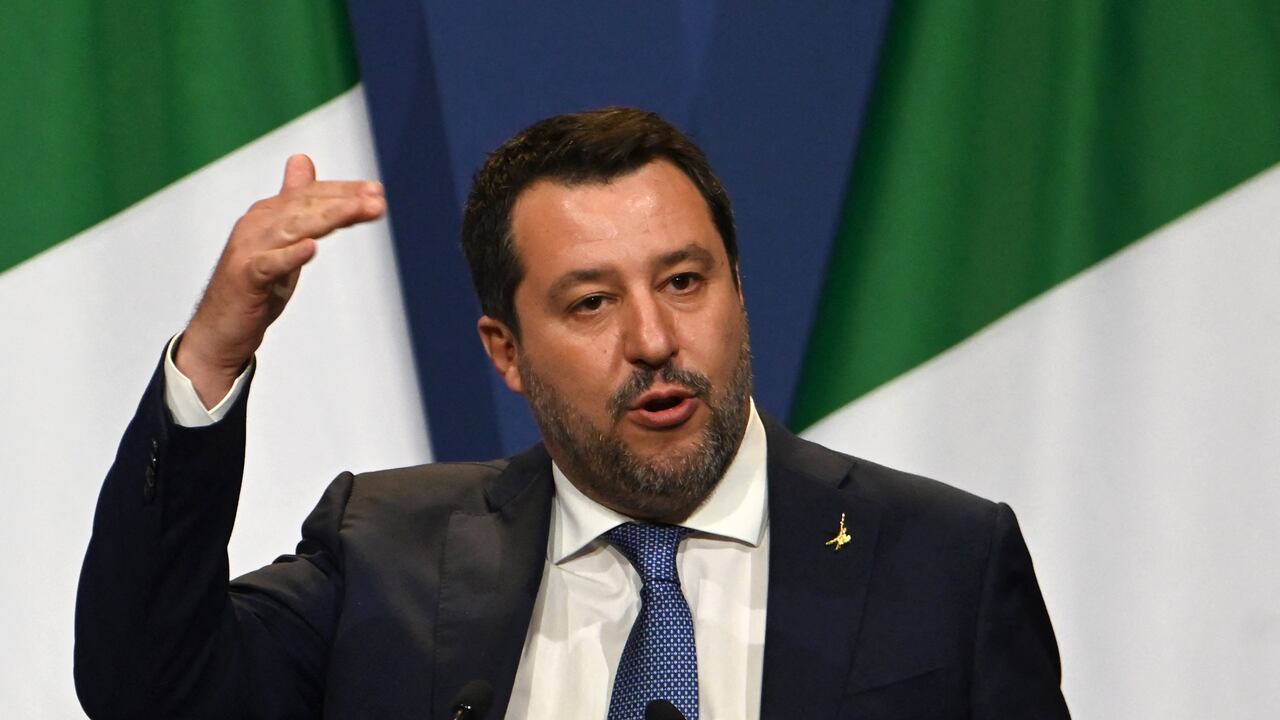 (FILES) In this file photo taken on April 01, 2021 Italian senator and head of the Lega Nord (Northern League) party Matteo Salvini gestures as he addresses a press conference after talks with the Polish and Hungarian Prime Minister in Budapest. - Italy's former interior minister and far-right leader Matteo Salvini went on trial on October 23, 2021 for allegedly illegally blocking over 100 migrants in dire sanitary conditions from disembarking from a rescue ship in August 2019. (Photo by Attila KISBENEDEK / AFP)