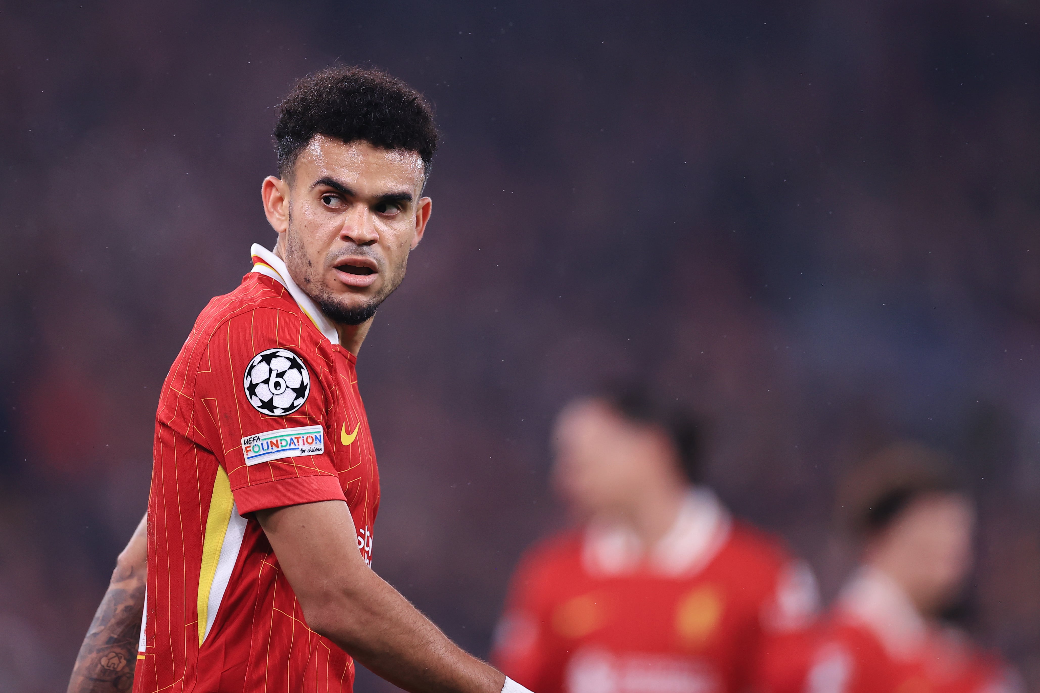 LIVERPOOL, ENGLAND - JANUARY 21: Luis Diaz of Liverpool looks back during the UEFA Champions League 2024/25 League Phase MD7 match between Liverpool FC and LOSC Lille at Anfield on January 21, 2025 in Liverpool, England. (Photo by Simon Stacpoole/Offside/Offside via Getty Images)