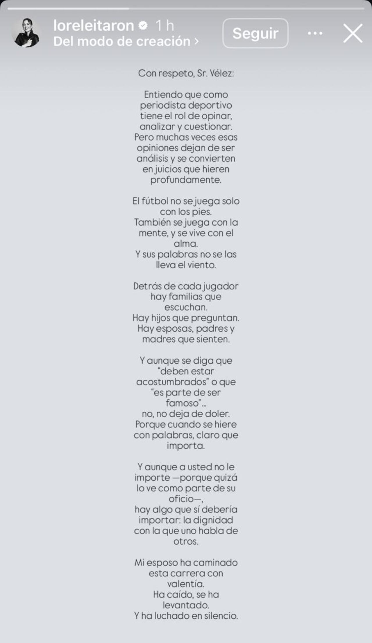 Palabras de Lorelei Tarón sobre Carlos Antonio Vélez.