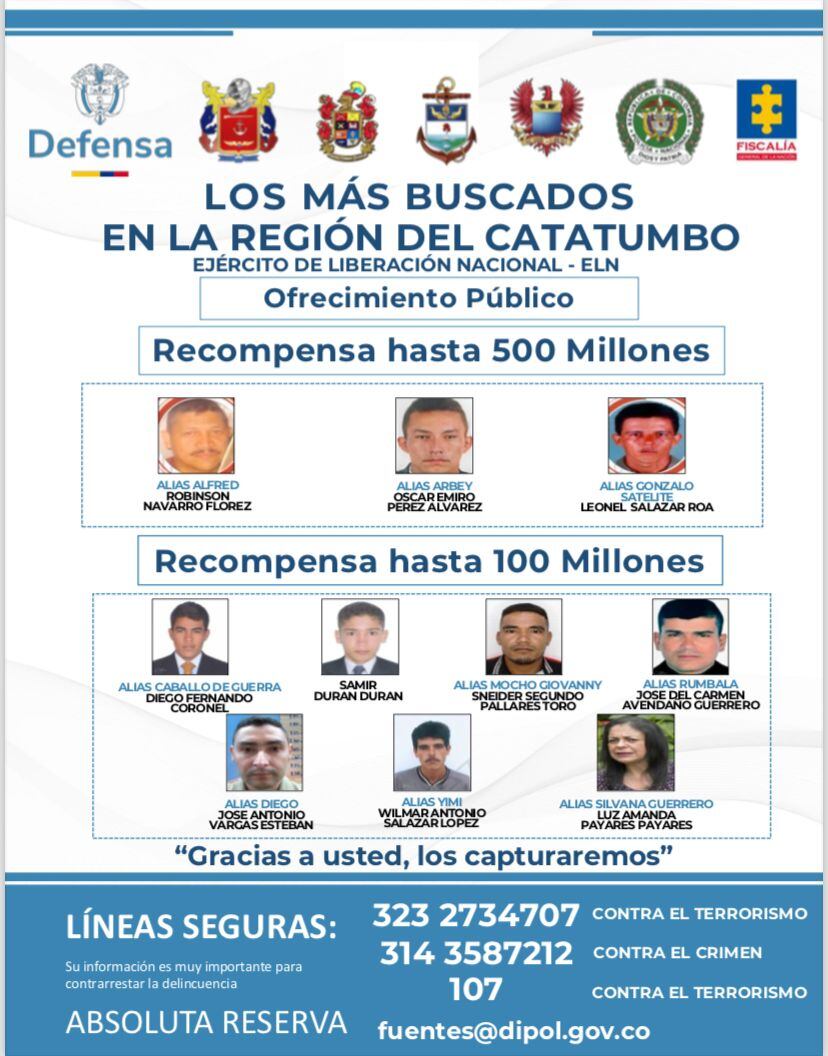 Recompensa por los más buscados en la subregión del Catatumbo.