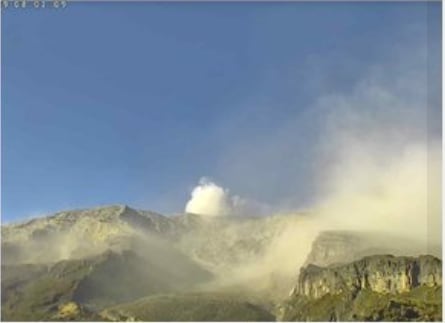 El volcán tiene una columna de gases y vapor de agua de color blanco