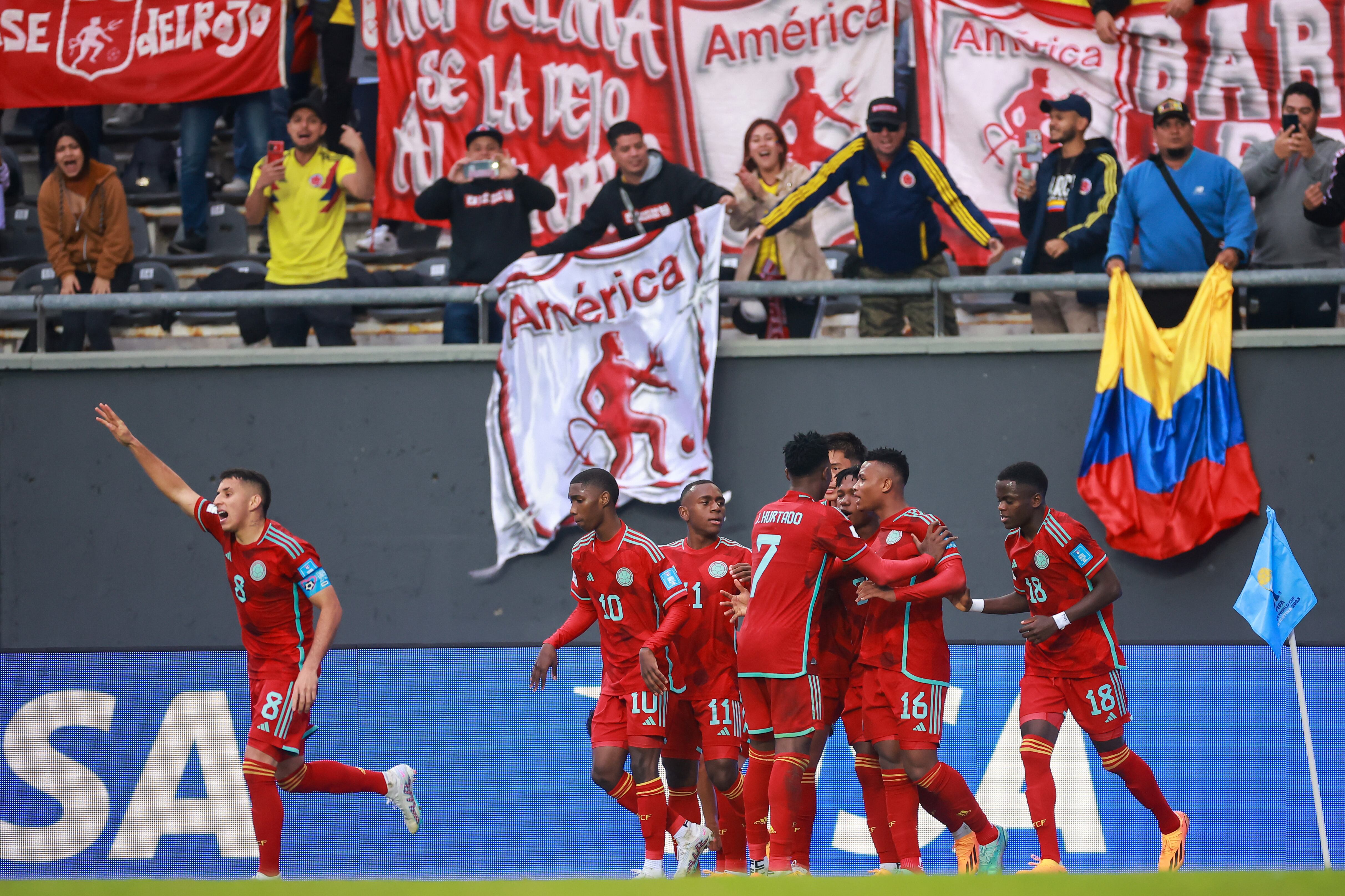 Jugadores de la Selección Colombia celebrando el gol frente a Israel, por el Mundial Sub20.