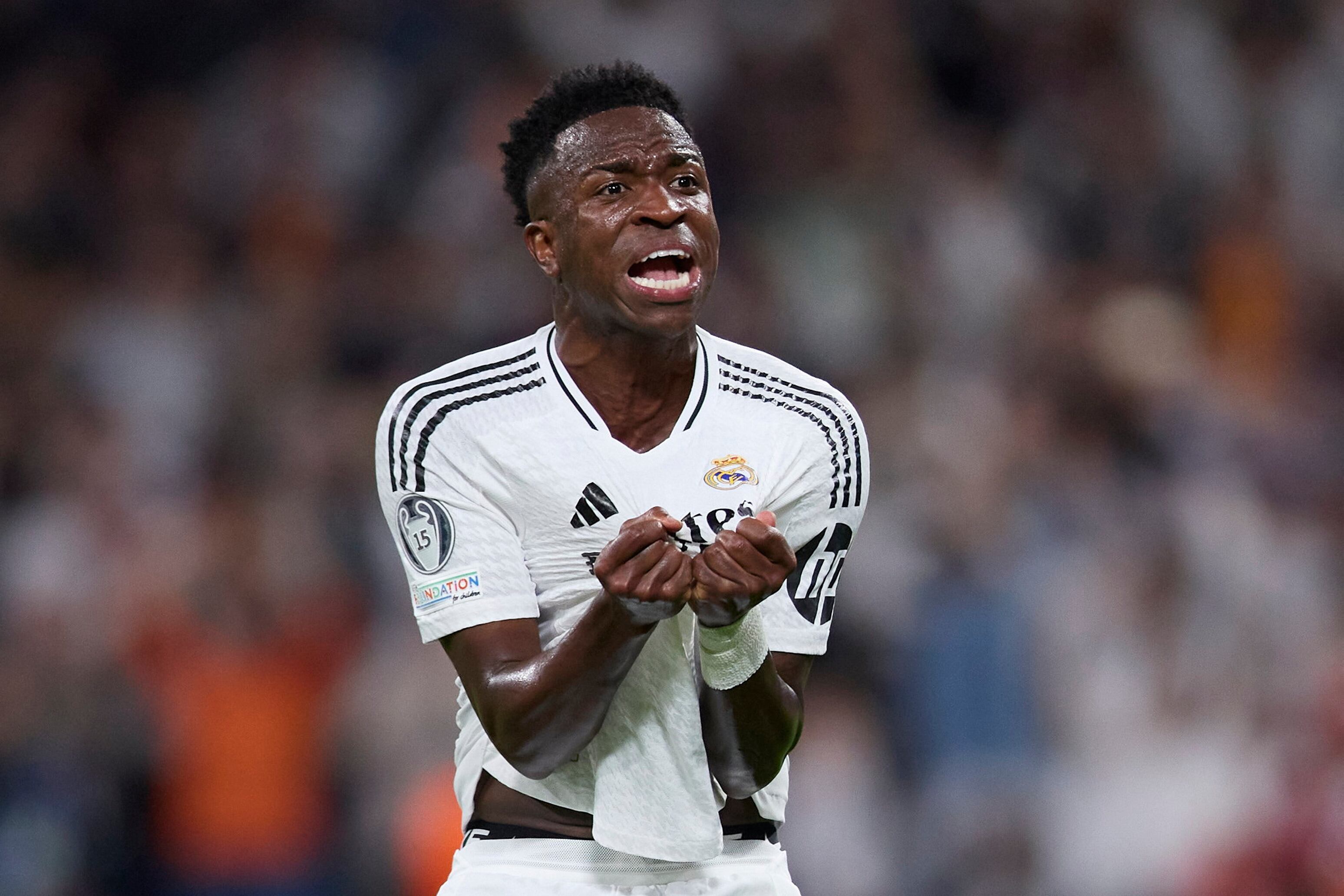 Madrid, Spain - October 22: Vinicius Jr of Real Madrid CF celebrates after scoring his team's second goal during the UEFA Champions League 2024/25 League Phase MD3 match between Real Madrid C.F. and Borussia Dortmund at Estadio Santiago Bernabéu on October 22, 2024 in Madrid, Spain. (Photo by Manu Reino/DeFodi Images via Getty Images)