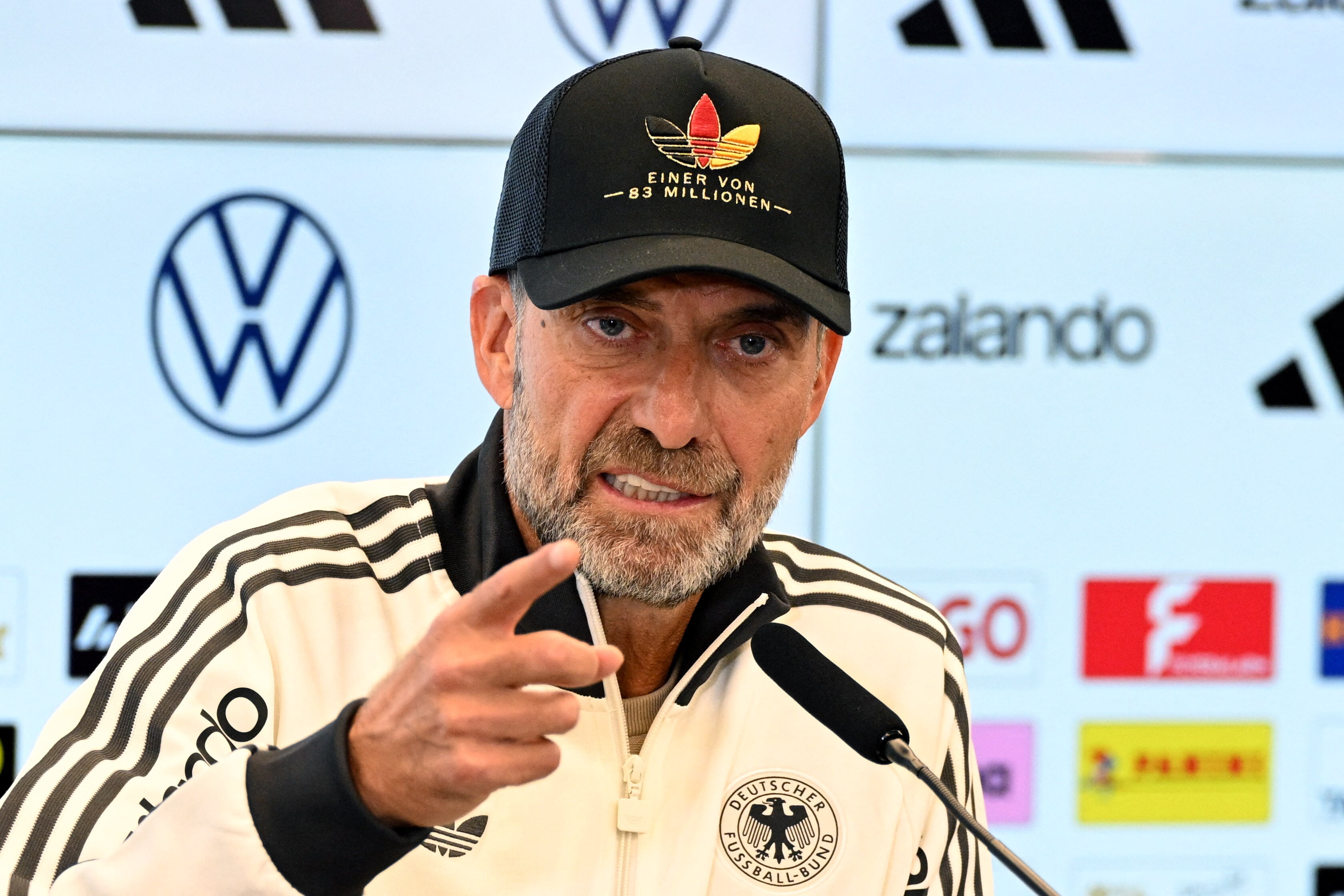 dpatop - 17 September 2026, Hesse, Frankfurt am Main: Soccer, national team, press conference on the roster for the first Nations League matches; national team coach Jürgen Klopp is sitting on the podium. Photo: Boris Roessler/dpa (Photo by Boris Roessler/picture alliance via Getty Images)